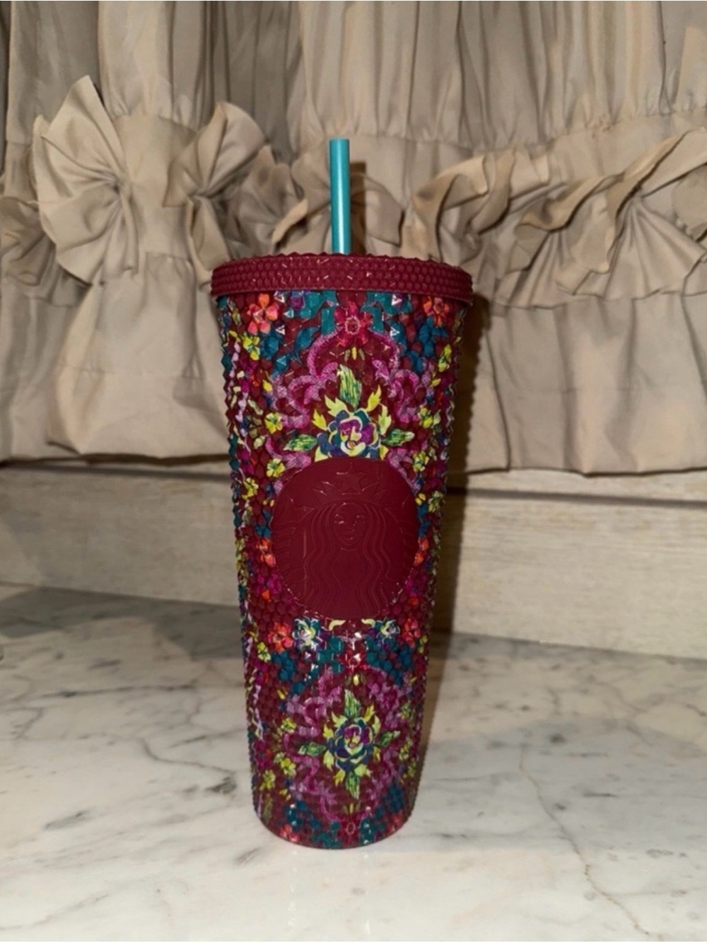 Starbucks Burgundy Studded Travel Cup with Teal Straw
